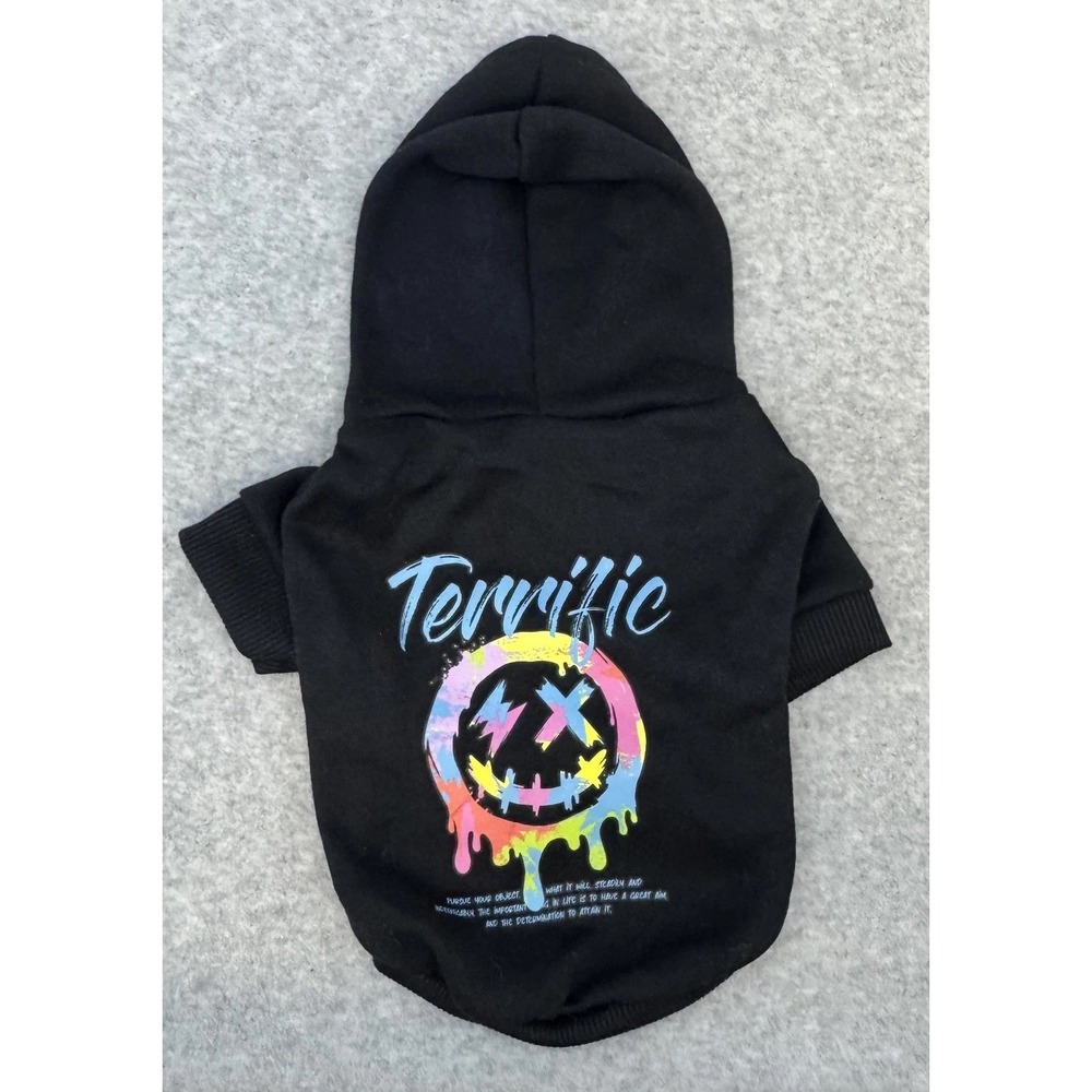 Dog Hoodie Sweatshirt Small Black Terrific Drip Smiley Graphic Pet Pullover